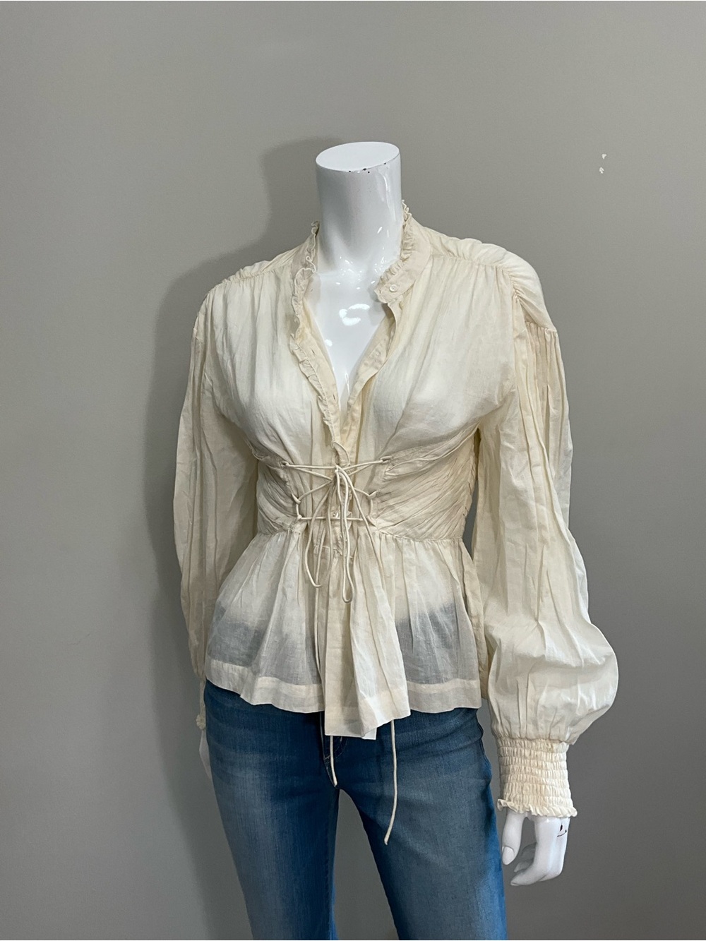 ANTIC BATIK FREE PEOPLE Lary Ivory Lace Up Peasant Blouse Boho Romantic Top S 38
